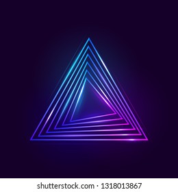 Colorful bright luminous triangles. Shining neon banner with space for text. Design element. Glowing decorative geometric shape. Abstract background. Vector illustration