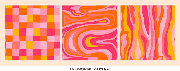 Colorido patrón de mármol brillante. Ilustración vectorial dibujada a mano Abstractas estilo contemporáneo. Conjunto de tres patrones cuadrados sin costuras. Efecto marmoleado. Fondo, papel de embalaje, Plantillas de impresión 