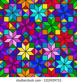 Mosaico brillante y colorido, sin fisuras, de cuadrados multicolores, rombos y triángulos con pequeños puntos de polka.Ventana de vidrio manchado. Imagen vectorial. EPS 10