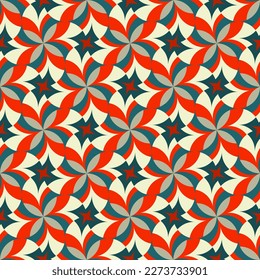 Colorido y luminoso diseño sin fisuras. Las formas de arte superpuestas, las rayas, los polígonos, los segmentos se agrupan y organizan en un orden determinado. Vector. 