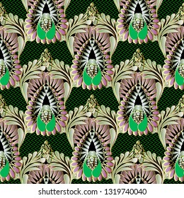 Colorful bright ornamental floral Paisley seamless pattern. Vector zigzag background. Flowery elegance repeat backdrop. Hand drawn ethnic style Paisley flowers, leaves, lines, shapes. Vintage ornament