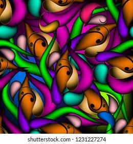 Colorful bright ornate Paisley seamless pattern. Multicolor abstract ornamental glowing background. Repeat patterned floral backdrop. Elegance colored paisley flowers, leaves with illuminated effect. 