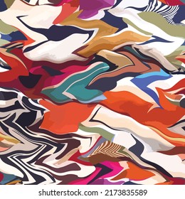 Colorful Bright Painted Vector Background Of Wavy Lines. Abstract Silk Scarves Fashion. Marble, Wallpaper, Geometric Pattern, Scarf, Rug, Pillow, Bandana, Fabric Textile, Clothing, Kerchief Prints Etc