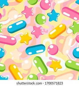 Colorful bright pastel pattern of shiny candy sweet shapes. Pink, light blue, green and yellow star, ball, confetti. Packaging for a birthday present for a little child. Seamless background