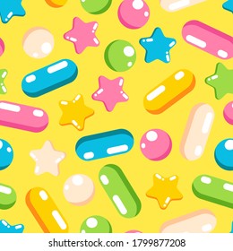 Colorful bright pastel pattern of shiny candy sweet shapes. Pink, light blue, green and yellow star, ball, confetti. Packaging for a birthday present for a little child. Seamless background