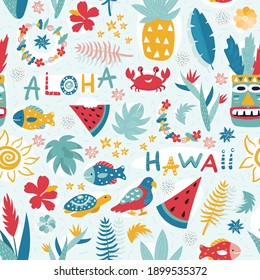 Colorful bright patern with Hawaii - yellow pineapple and sun, red watermelon, crab, multicolored fish and parrot. Textured hand drawn fruits, flowers, summer leaves and decor. Hand drawn Aloha text.