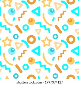 Colorful bright pattern with abstract shapes on a white background, Memphis style, circles, triangles, stars, sticks, ball. For backgrounds, backdrops, wraps, labels, covers, packaging.