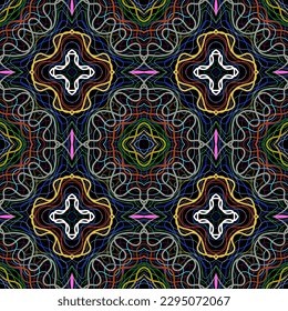 Colorful bright pattern of lines. Composition in the form of an oriental arbitrary multi-colored seamless pattern on a black background. Vector illustration, EPS 10.For wallpapers, tiles, print design