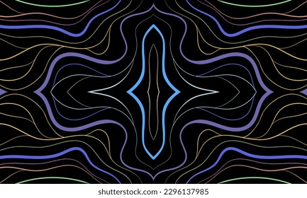 Colorido y brillante patrón de líneas onduladas. Composición en forma de patrón oriental arbitrario multicolor sobre fondo negro. Ilustración del vector, EPS 10. Para papel pintado, bloc de notas, diseño de impresión.