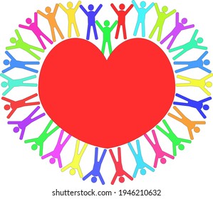 Colorful bright people of different color are holding hands and a red heart inside cartoon sign symbol logo vector