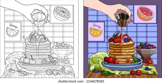 Colorful, bright picture for coloring, in a realistic style. Food, pancakes and berries.
The picture is in line and in color.