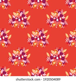 Colorful bright pink yellow red flowers seamless pattern orange background