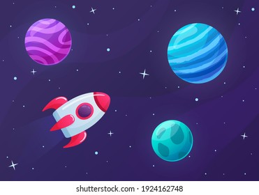 Planetas y cohetes coloridos y brillantes. Espacio ultraterrestre. Vuelo espacial. Espacio de ilustración del vector de la nave espacial de cohetes.  Universo en estilo de caricatura

