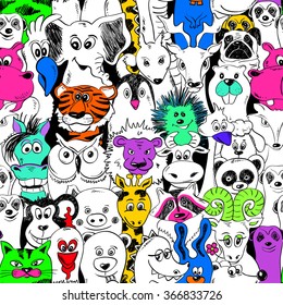 Colorful bright psychedelic seamless pattern with funny animals. Abstract graphic background.