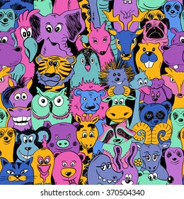 Colorful bright psychedelic seamless pattern with funny animals. Abstract graphic animal background.