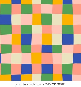 Colorful bright quirky Squares. Hand drawn Vector illustration. Abstract funky contemporary style. Square seamless pattern. Groovy checkered pattern. Background, wrapping paper, print template 