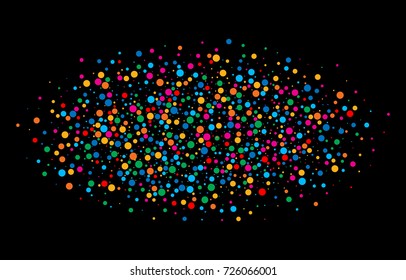 Colorful bright rainbow colors oval cloud confetti round papers isolated on black background. Birthday template and Holiday design element.  Bright new year 2018 card background.