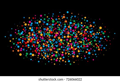 Colorful bright rainbow colors oval cloud confetti round papers isolated on black background. Birthday template and Holiday design element.  Bright new year 2018 card background.