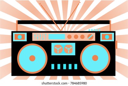 Colorful, bright, retro audio cassette tape recorder in pink-blue tones. The 80's stereo system on the background of the rays.