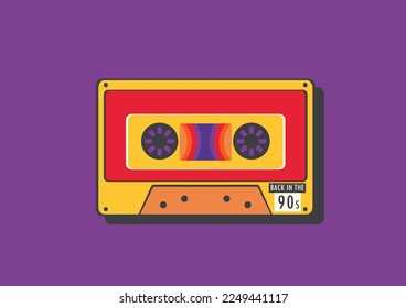 Colorful bright retro background with a retro cassette tape and an inscription back to the 90s.