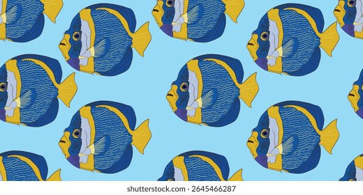 Colorful bright sea or ocean fish pattern. Tropical fish on blue and yellow background. For ocean-themed textiles, wallpapers and packaging, postcards or covers.