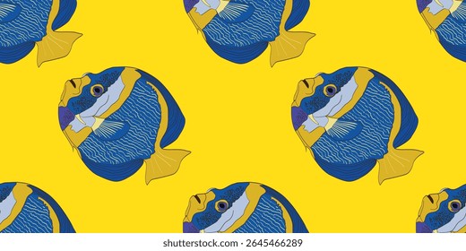 Colorful bright sea or ocean fish pattern. Tropical fish on blue and yellow background. For ocean-themed textiles, wallpapers and packaging, postcards or covers.