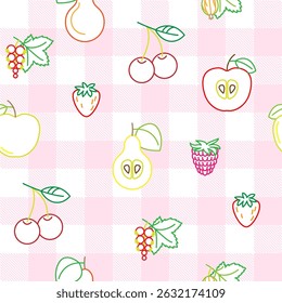 Colorful, bright seamless pattern with color icons of garden berries, pears and apples on a checkered background. Vector