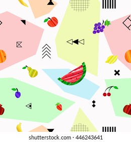 Colorful bright seamless pattern with different fruits and geometric elements in tribal Memphis style. Vector illustration