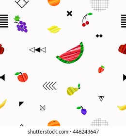 Colorful bright seamless pattern with different fruits and geometric elements in tribal Memphis style. Vector illustration
