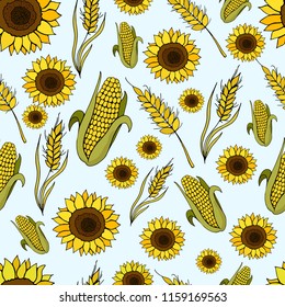 Colorful bright seamless pattern with hand-drawn sunflowers and ears of wheat, vector illustration