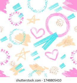 Colorful bright seamless pattern with hearts and stars. Set of vector abstract brush strokes, hand drawn design elements and shape. Abstract Background. Cute baby pattern