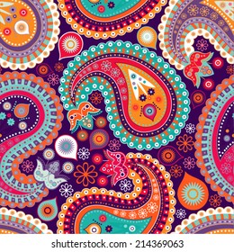 Colorido y brillante patrón sin fisuras. Patrón paisley floral indio con flores estilizadas. Diseño de tela para textiles, revestimiento, papel pintado, fondo, tela. Numerosos motivos paisajísticos coloridos