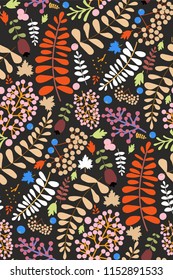 Colorful bright seamless pattern with leaves and berries on dark background. Vector hand illustration. Creative template.