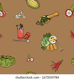 colorful bright seamless pattern with painted icons of different kind of daily Vietnam food, fruits and drinks on brown background
