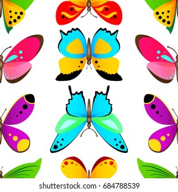Colorful and bright seamless vector pattern with cute butterflies on white background. Repetitive vector pattern for kids.