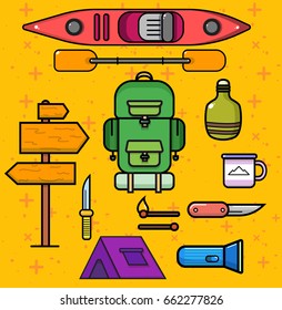 Colorful and bright set of cool icons for camping, canoeing and kayaking. Vector illustration.