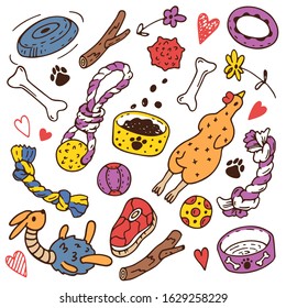 Colorful, bright set of isolated elements-toys and accessories for dogs-rubber chicken, bones, sticks, balls, ropes, ring, food bowls, flying disc.