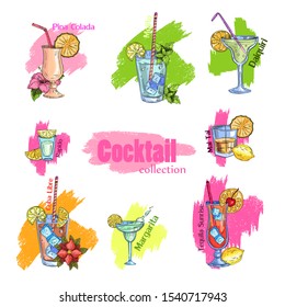 Colorful bright set of various alcoholic cocktails. Vector illustration in engraving style with brushstrokes on the background. Isolated on white.