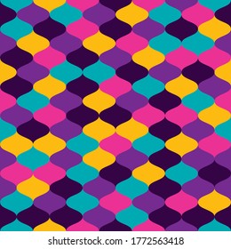 colorful bright shapes with rounded edges are arranged in rows and form a motley seamless pattern. vector