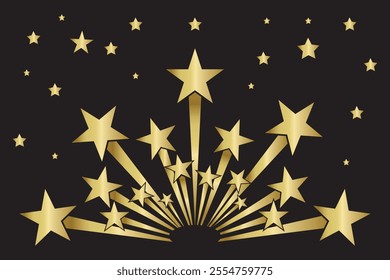 Colorful bright shooting stars icon on black background. Fireworks star icon in golden color. Galaxy element. Flying comet with tail. Star Logo. Vector Illustration.
