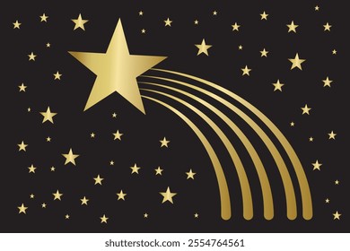 Colorful bright shooting stars icon. Fireworks star icon in golden color. Galaxy element on black background.  Flying comet with tail. Star Logo. Vector Illustration.
