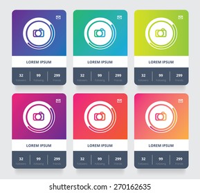 colorful bright social profile card design elements. Website user interface template mockups in material design style
