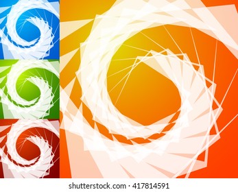 Colorful bright spirally background. Spiral, vortex background set with geometric elements. Background set in 4 bright, vivid colors.