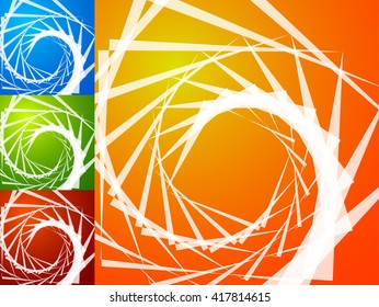 Colorful bright spirally background. Spiral, vortex background set with geometric elements. Background set in 4 bright, vivid colors.
