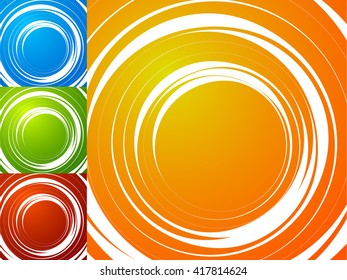 Colorful bright spirally background. Spiral, vortex background set with geometric elements. Background set in 4 bright, vivid colors.
