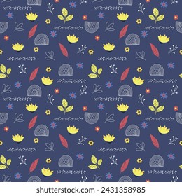 Colorful and bright springtime elements seamless pattern. Leaves and flowers on blue background.