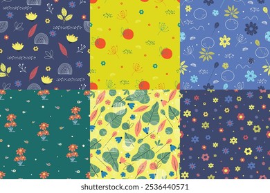 Colorful and bright springtime elements seamless pattern set. Leaves and flowers