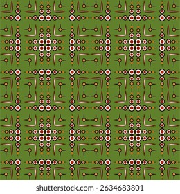 Bunte helle quadratische geometrische Hintergrund. Abstraktes quadratisches nahtloses Muster. Kreise und parallele senkrechte Linien. Komplexe Geometrie-Formen auf grünem Hintergrund. Klare strenge quadratische Ornament