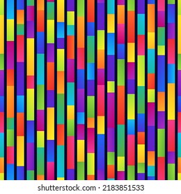 Colorful Bright Striped Seamless Pattern of Vertical Irregular Rectangles on Dark Backdrop. Continuous Colored Background for Clothes, Fabric, Textile.