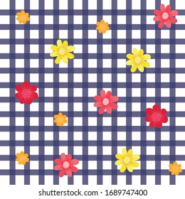 Colorful and bright summer checks pattern with flowers vector on modern style.